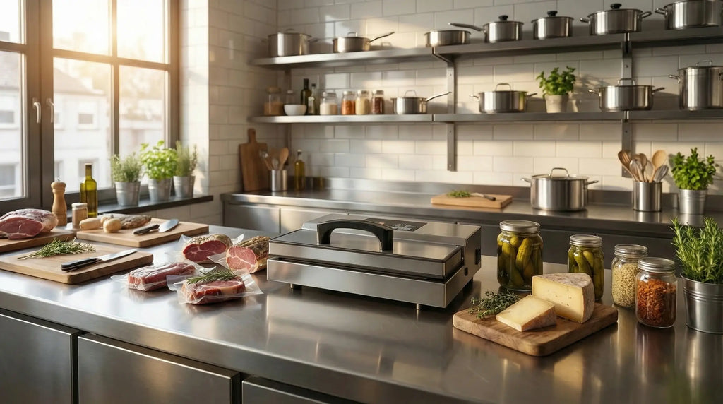 máquina de vácuo semi-profissional em cozinha profissional
